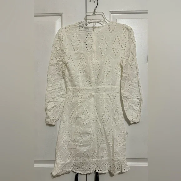 Women's Sexy Long Sleeve Lace Ruffle Mini Dress Hollow Out Summer Dress White - Picture 6 of 8